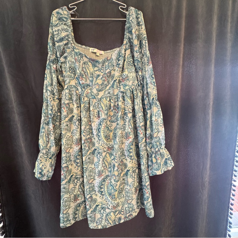 JOLT  Green‎ Paisley Boho babydoll Dress bubble Flowy Sleeve lined Spring M